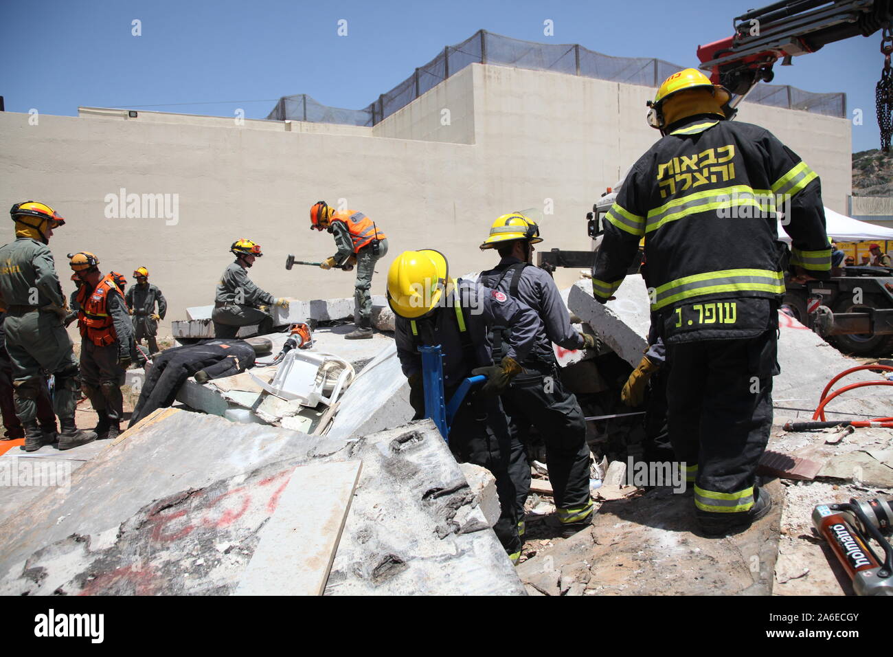 prison guards rescue rocket attack casualties in Carmel Prison, Israel, during simulation drill Turning Point 15. Emergency forces practice rescue and first aid Stock Photo