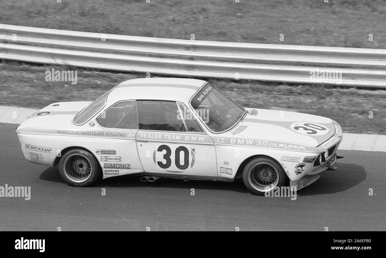 BMW 3.0 CSL at a touring car race in the 1970s at the Nuerburgring, Germany Stock Photo