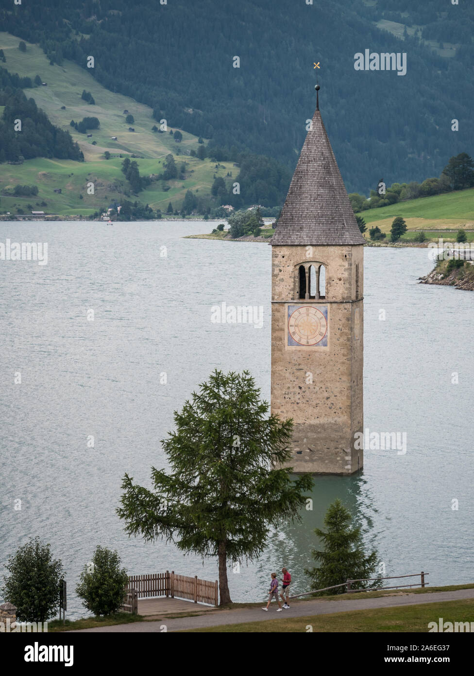 Slight aerial view of the famous church tower in Lake Resia/Reschen in Graun/Curon, Vinschgau/Venosta, Italy Stock Photo