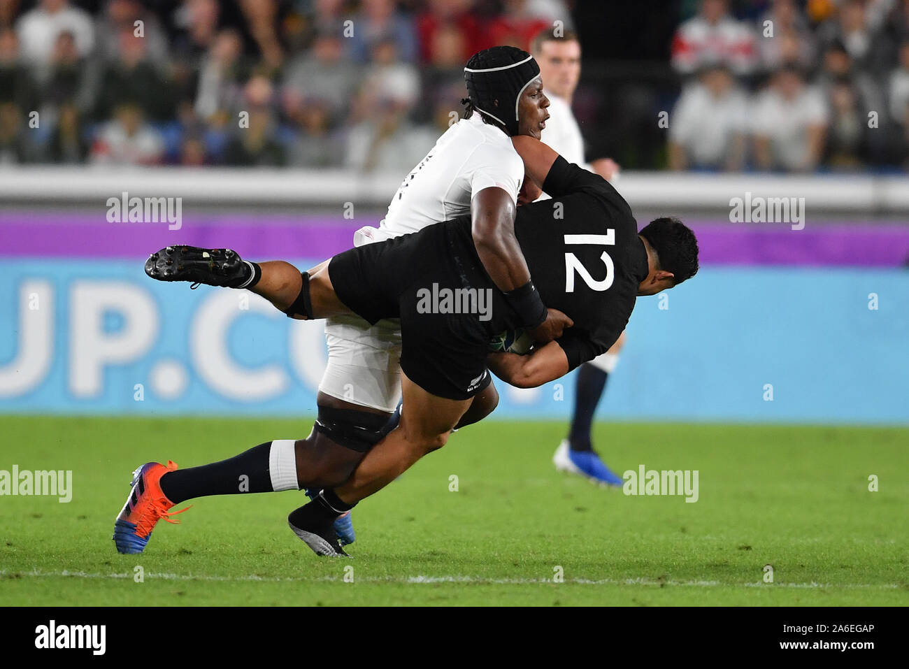 New Zealand S Anton Lienert Brown Is Tackled By England S Maro Itoje During The 2019 Rugby World Cup Semi Final Match At International Stadium Yokohama Stock Photo Alamy