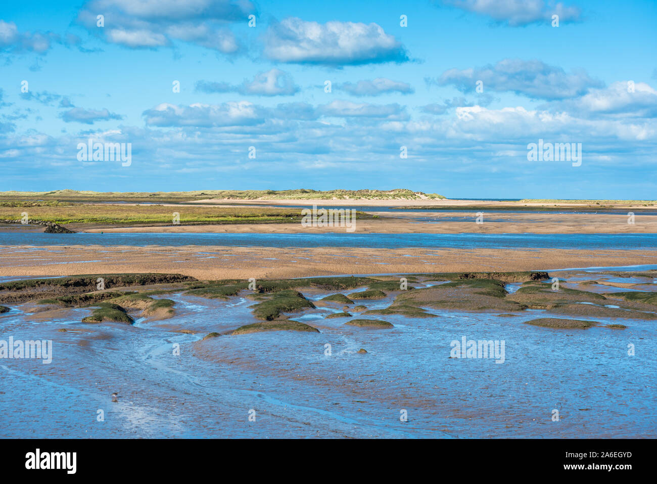 Views of mudflat at low tide from Norfolk Coast path National Trail near Burnham Overy Staithe, Scolt Head Island to rear, East Anglia, England, UK. Stock Photo
