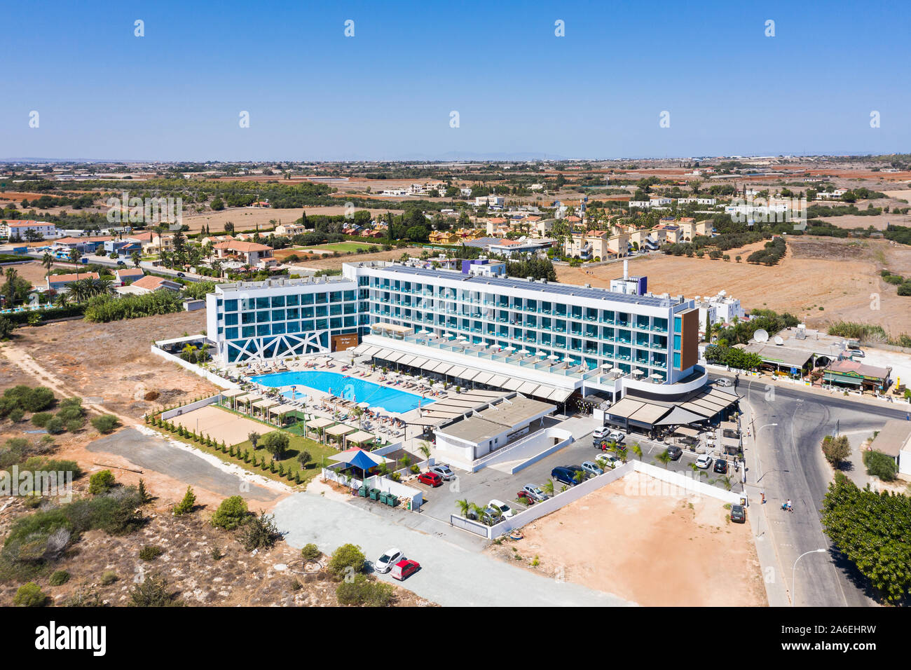 Ayia Napa, Cyprus - September 22 2019: Aerial view of the Amethyst Napa Hotel and Spa in sunny day Stock Photo