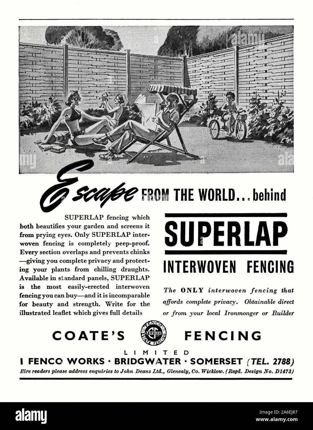 Advert for a Coate's Superlap interwoven fencing, 1951. The illustration shows a family enjoying their privacy within their fenced garden. The fencing, from Coates of Bridgewater, Somerset, England, UK, is supplied in panels between fence posts. Superlap and waney edge fencing have horizontal overlapping slats weaving in and out of vertical supports within each panel. Stock Photo