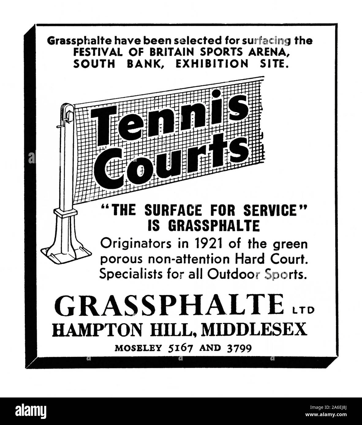 Advert for Grassphalte tennis court surfacing, 1951. Grassphalte Ltd of Hampton Hill, Middlesex, England, UK were suppliers of a porous open graded macadam or asphalt. The surface is designed for use in sports courts to ensure good surface drainage. As noted in the advert, the surface was used at the South Bank site of the Festival of Britain. Stock Photo