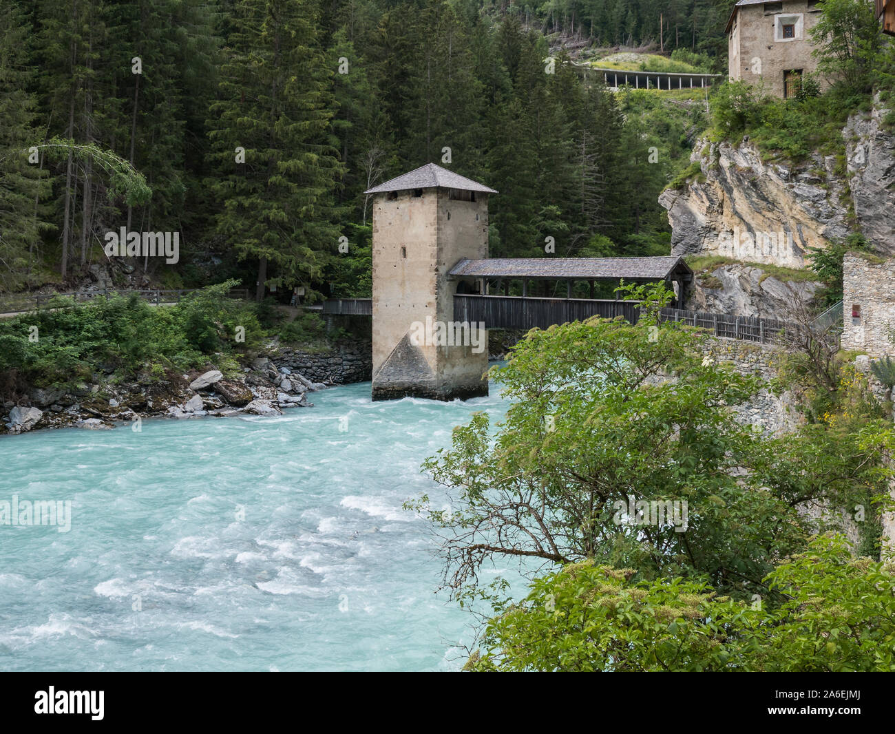 View of castle and fortress Altfinstermuenz, Nauders, Tyrol, Austria Stock Photo