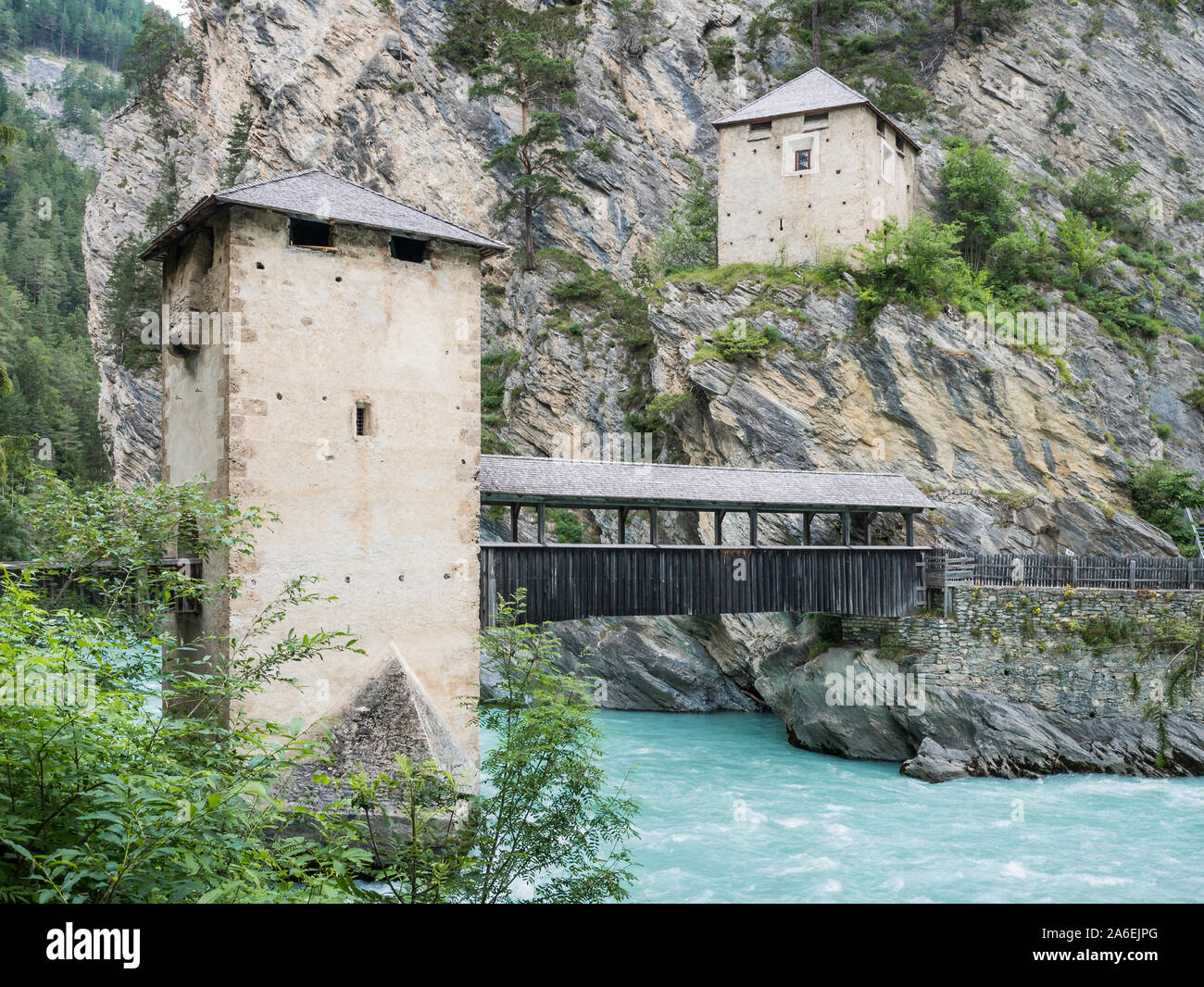 View of castle and fortress Altfinstermuenz, Nauders, Tyrol, Austria Stock Photo