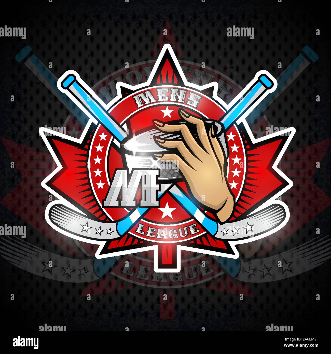 Hand hold hockey puck with crosses hockey stick on red maple leaf. Sport logo for any canadian