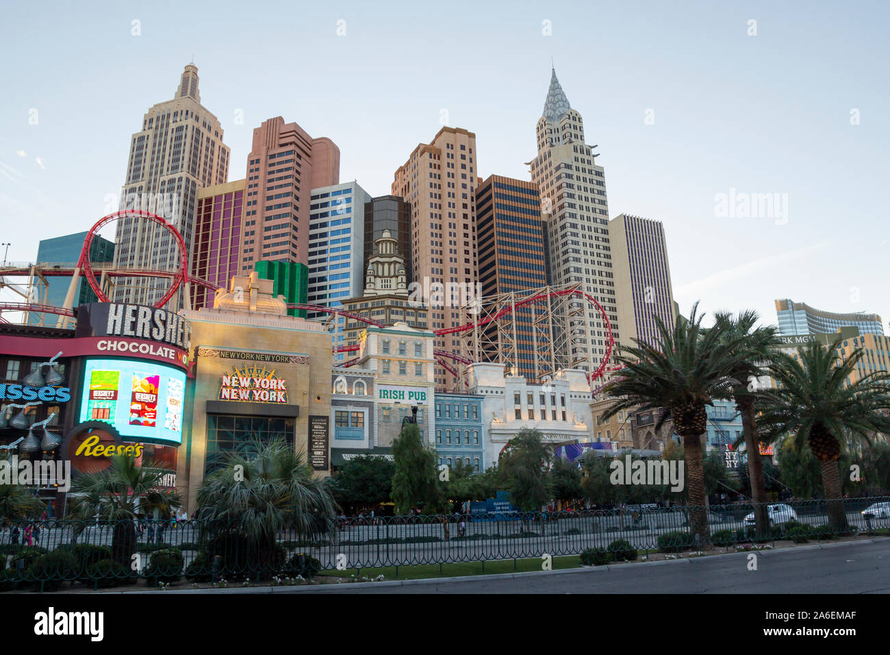 New York New York hotel and casino in Las Vegas Strip at sunset, with famous replica buildings Stock Photo