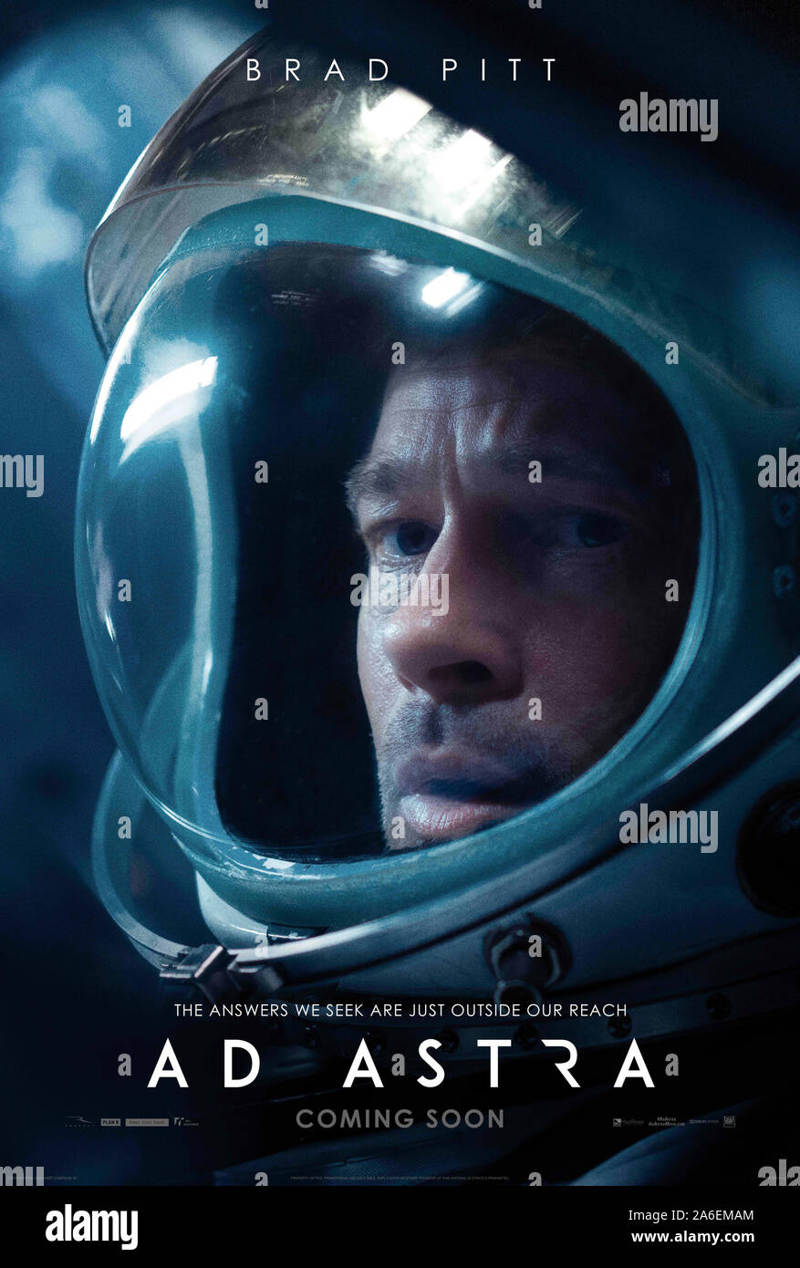 Ad Astra (2019) directed by James Gray and starring Brad Pitt, Tommy Lee Jones, Ruth Negga and Donald Sutherland. An Astronaut retraces a mission that failed 30 years earlier to solve the mystery of his missing father and a threat to the human race. Stock Photo