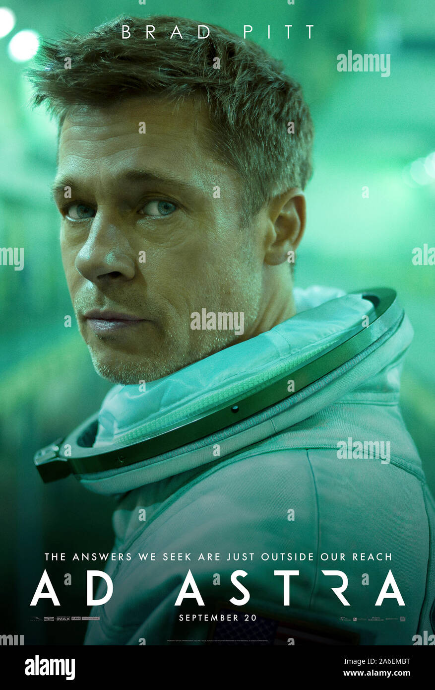 Ad Astra (2019) directed by James Gray and starring Brad Pitt, Tommy Lee Jones, Ruth Negga and Donald Sutherland. An Astronaut retraces a mission that failed 30 years earlier to solve the mystery of his missing father and a threat to the human race. Stock Photo