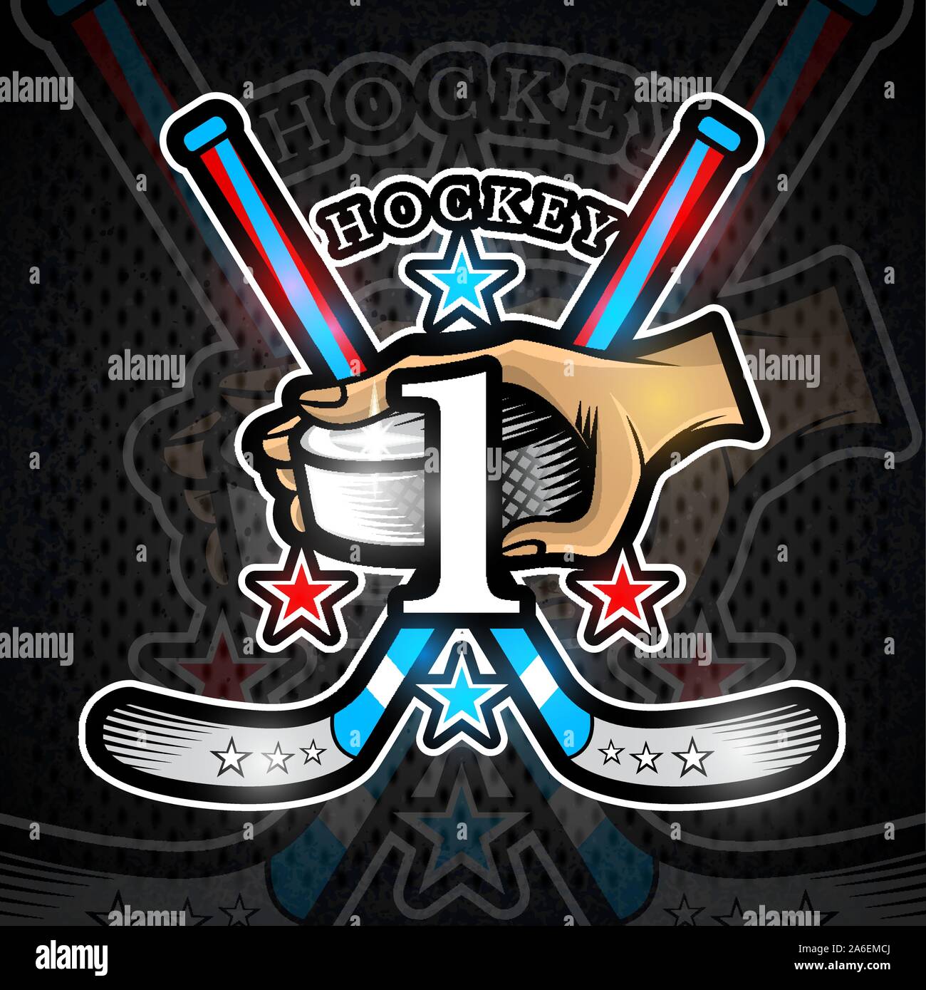 Hand hold hockey puck with crosses hockey stick and number one on front