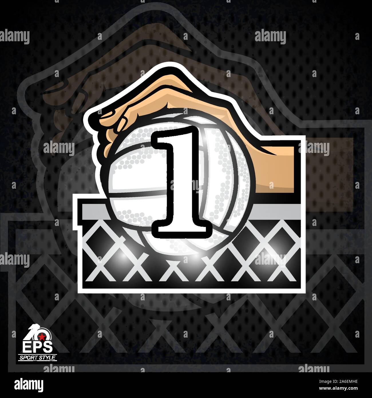 Hand hold volleyball above net with number one or first place. Sport logo for any team or competition Stock Vector