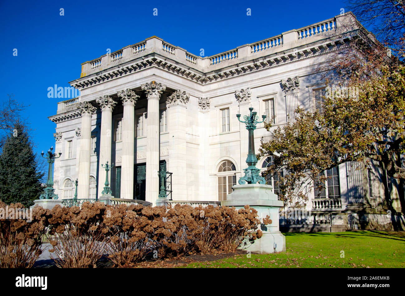 the front entrance of the historic marble house in Newport Rhode island
