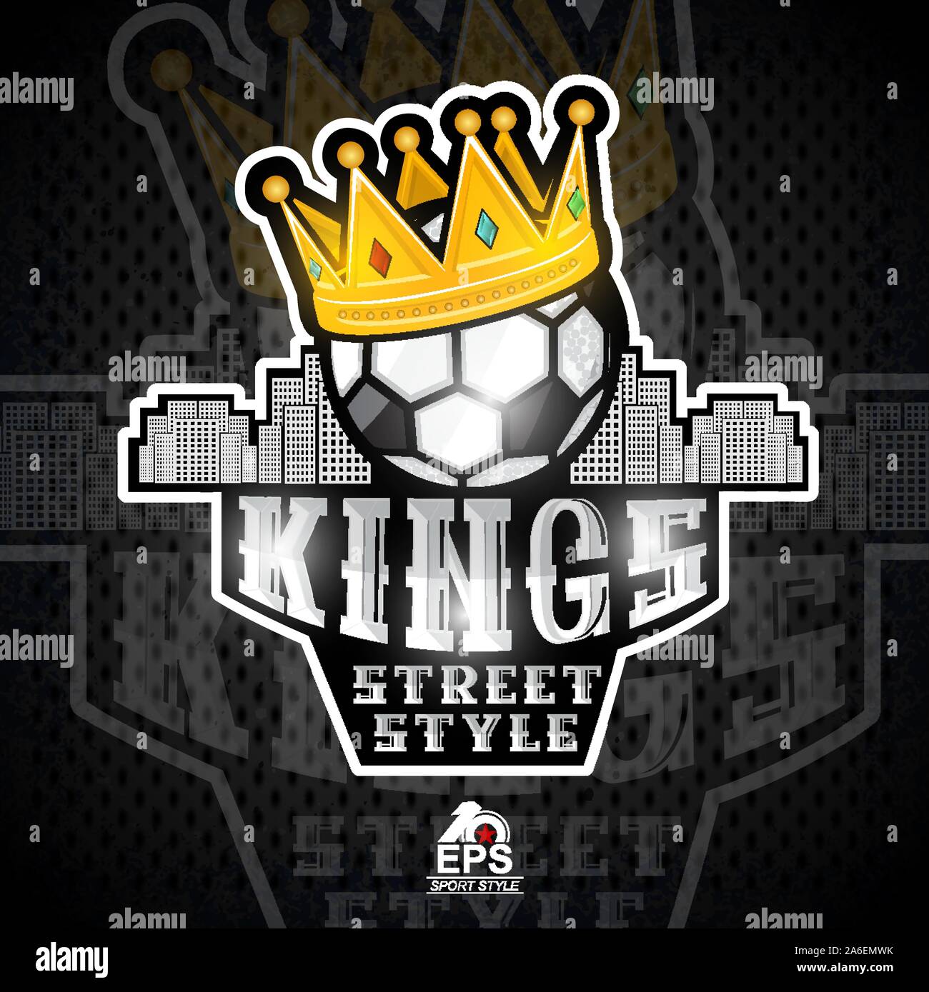 Soccer ball with golden crown and city behind. Sport logo for any