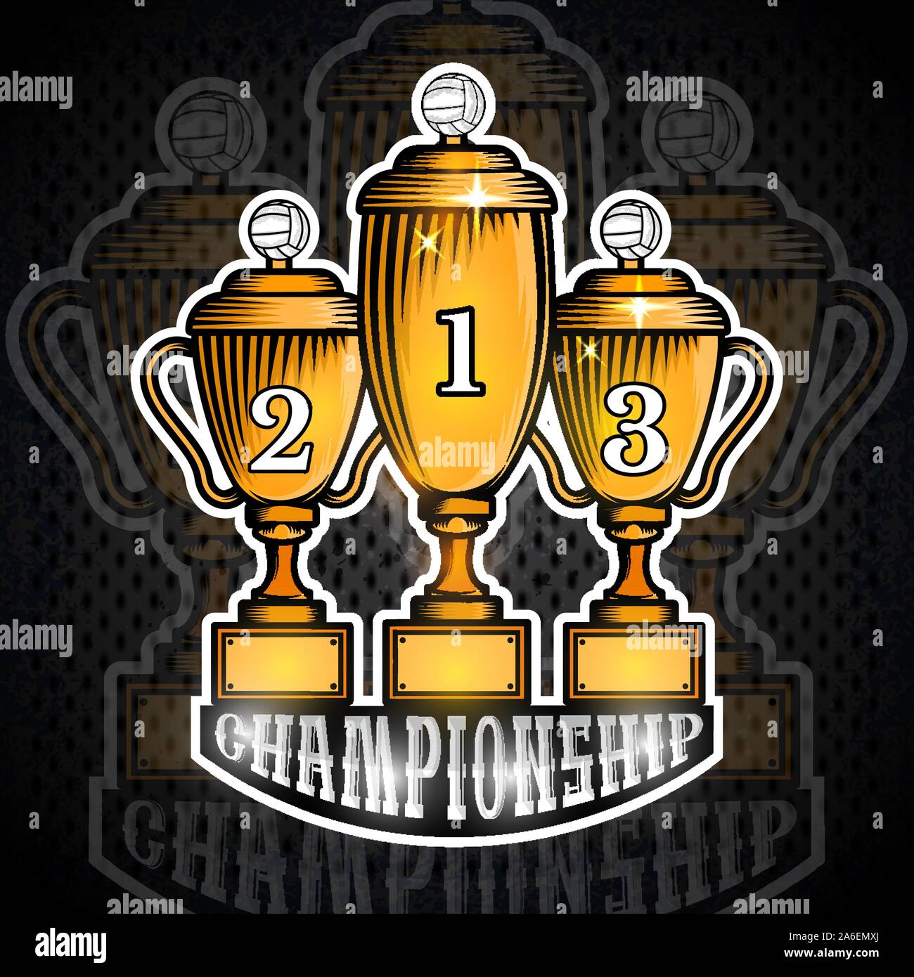 Three golden volleyball cups first second and third place. Vector sport ...