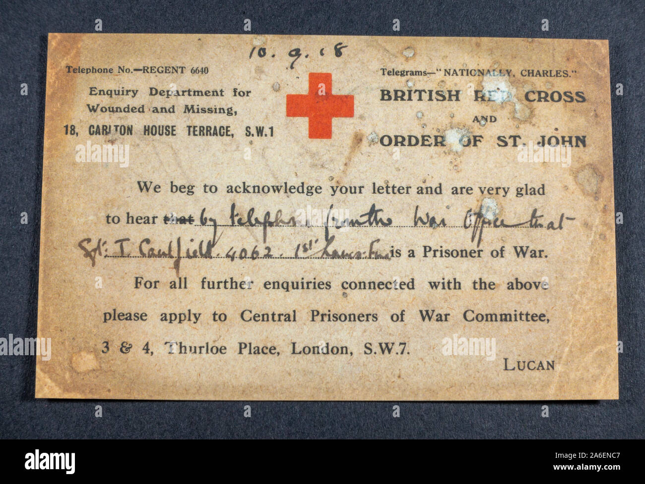 A British Red Cross Prisoner of War card, a piece of replica memorabilia from the World War One era. Stock Photo