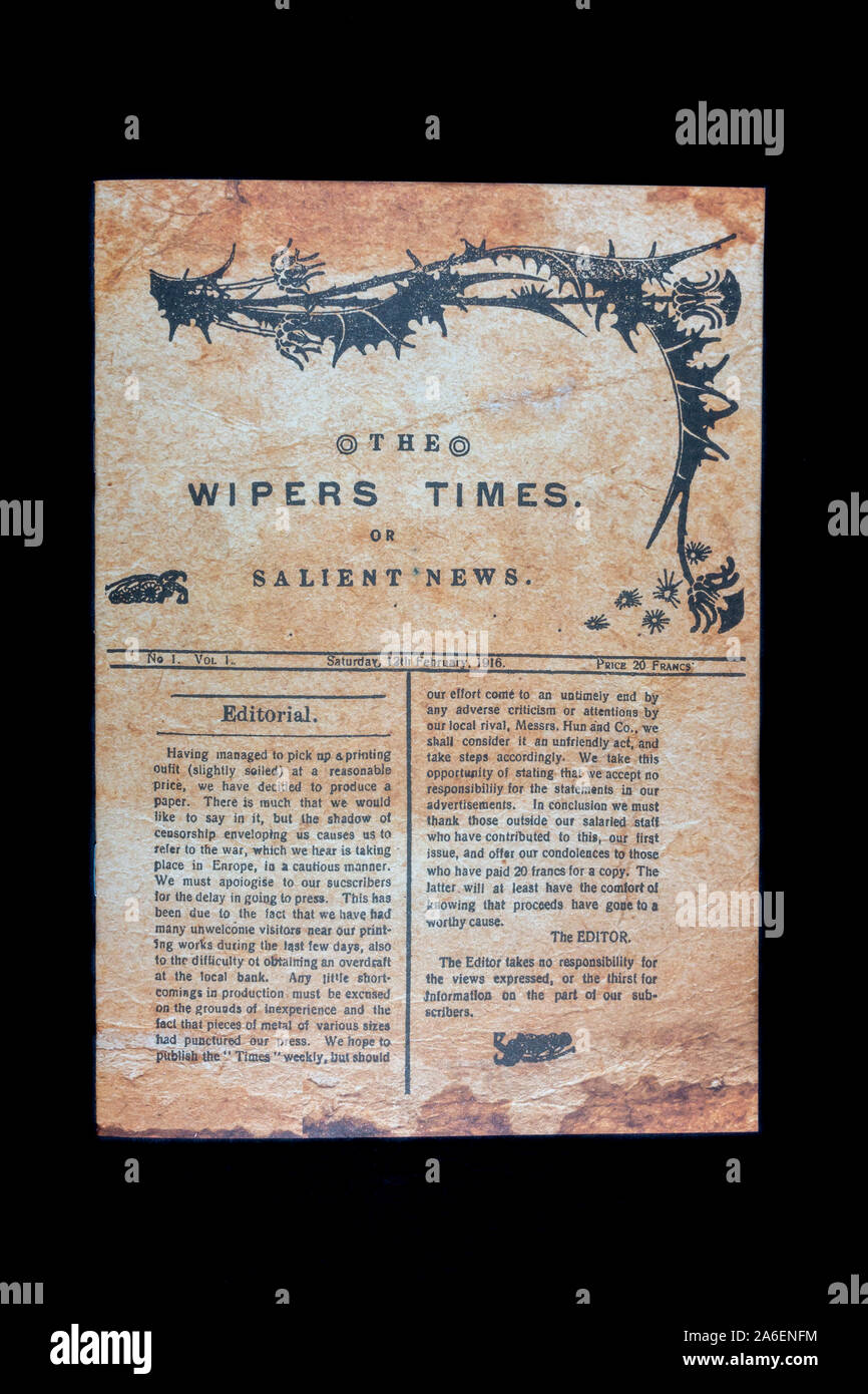 Front page of the Wipers Times of Salient News (12th February 1916), a piece of replica memorabilia from the World War One era. Stock Photo