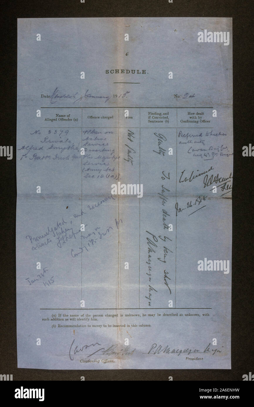 Army Court Martial Schedule with offender name, offence charged and findings, a piece of replica memorabilia from the World War One era. Stock Photo