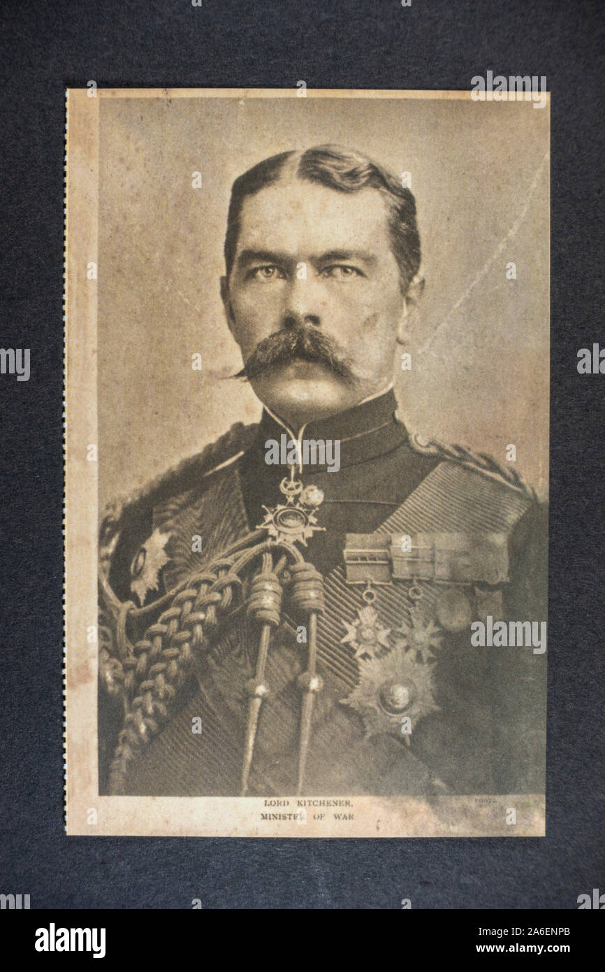 Portrait photograph of Lord Kitchener, Minister of War, a piece of replica memorabilia from the World War One era. Stock Photo