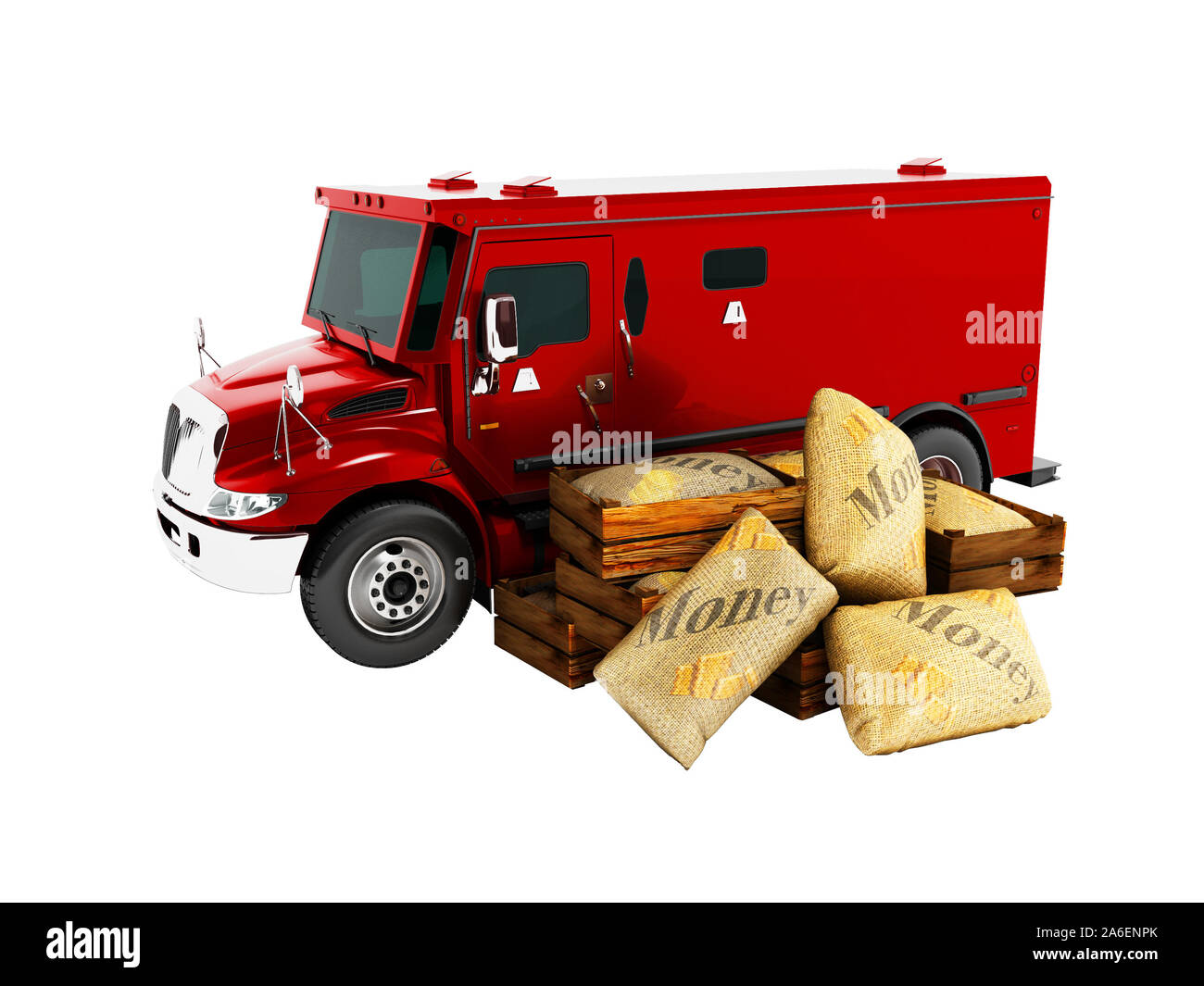 Modern red armored truck for carrying money in bags 3d render on white background no shadow Stock Photo