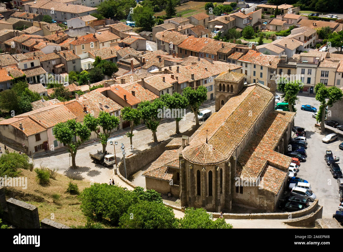 View of the Church of Eglise Saint-Gimer and surrounding part of the old town of Carcassonne taken from the city wall Stock Photo
