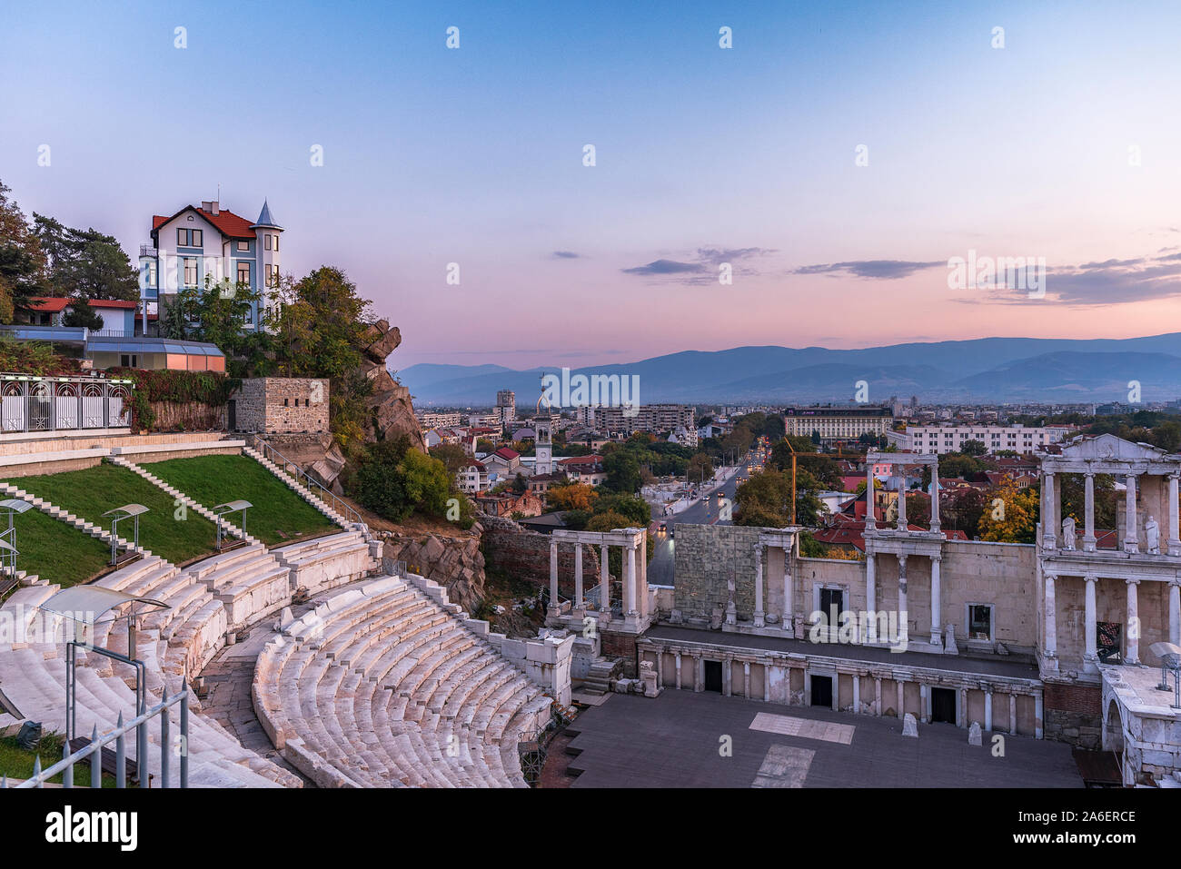 Autumn sunset over Plovdiv city, Bulgaria. European capital of culture 2019 and the oldest living city in Europe. Photo from one of the hills Stock Photo
