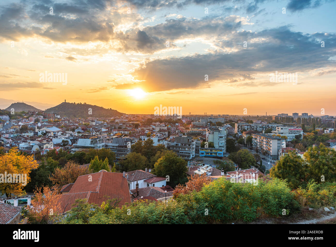 Autumn sunset over Plovdiv city, Bulgaria. European capital of culture 2019 and the oldest living city in Europe. Photo from one of the hills Stock Photo