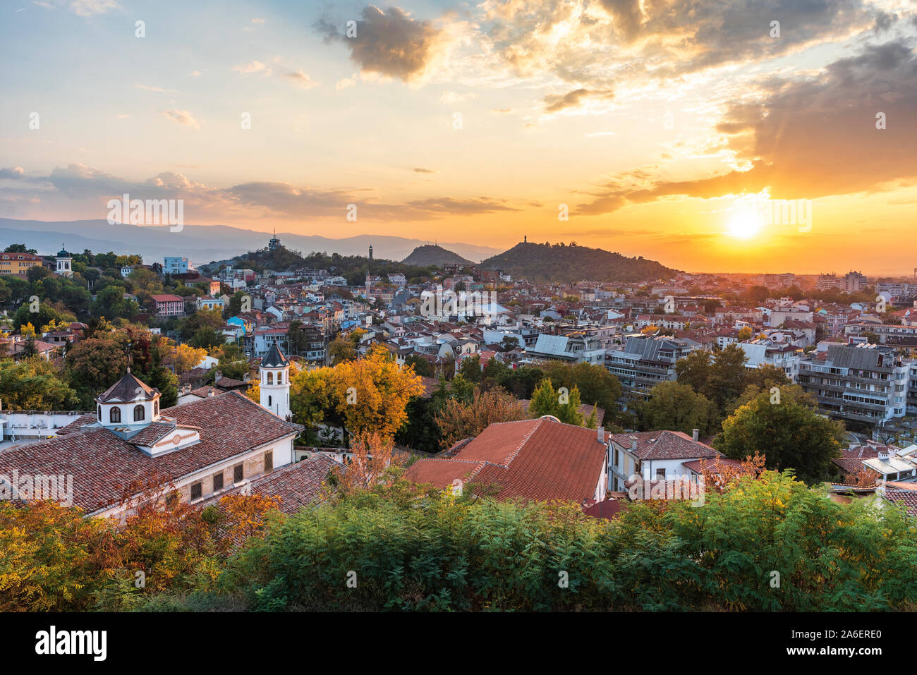 Autumn sunset over Plovdiv city, Bulgaria. European capital of culture 2019 and the oldest living city in Europe. Photo from one of the hills Stock Photo