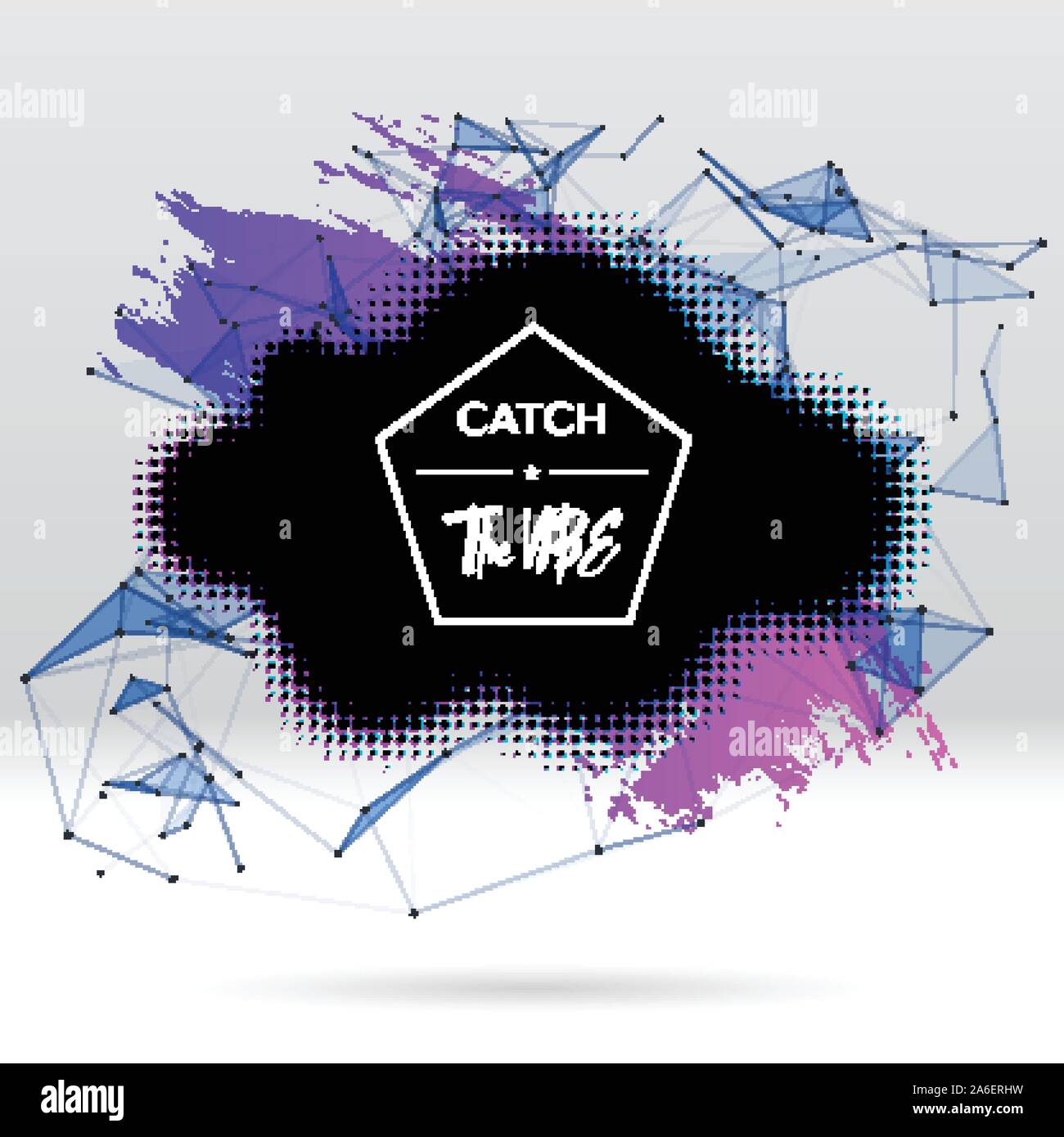 Background with brush stroke, blot, triangular grid and label Stock Vector