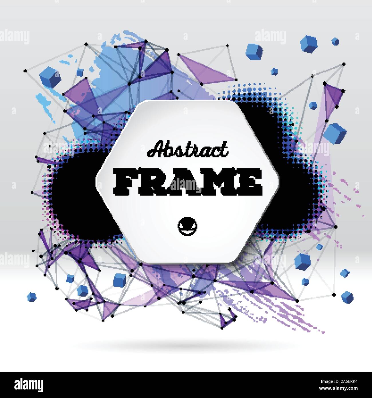 Background with brush stroke, blot, triangular grid and frame Stock Vector
