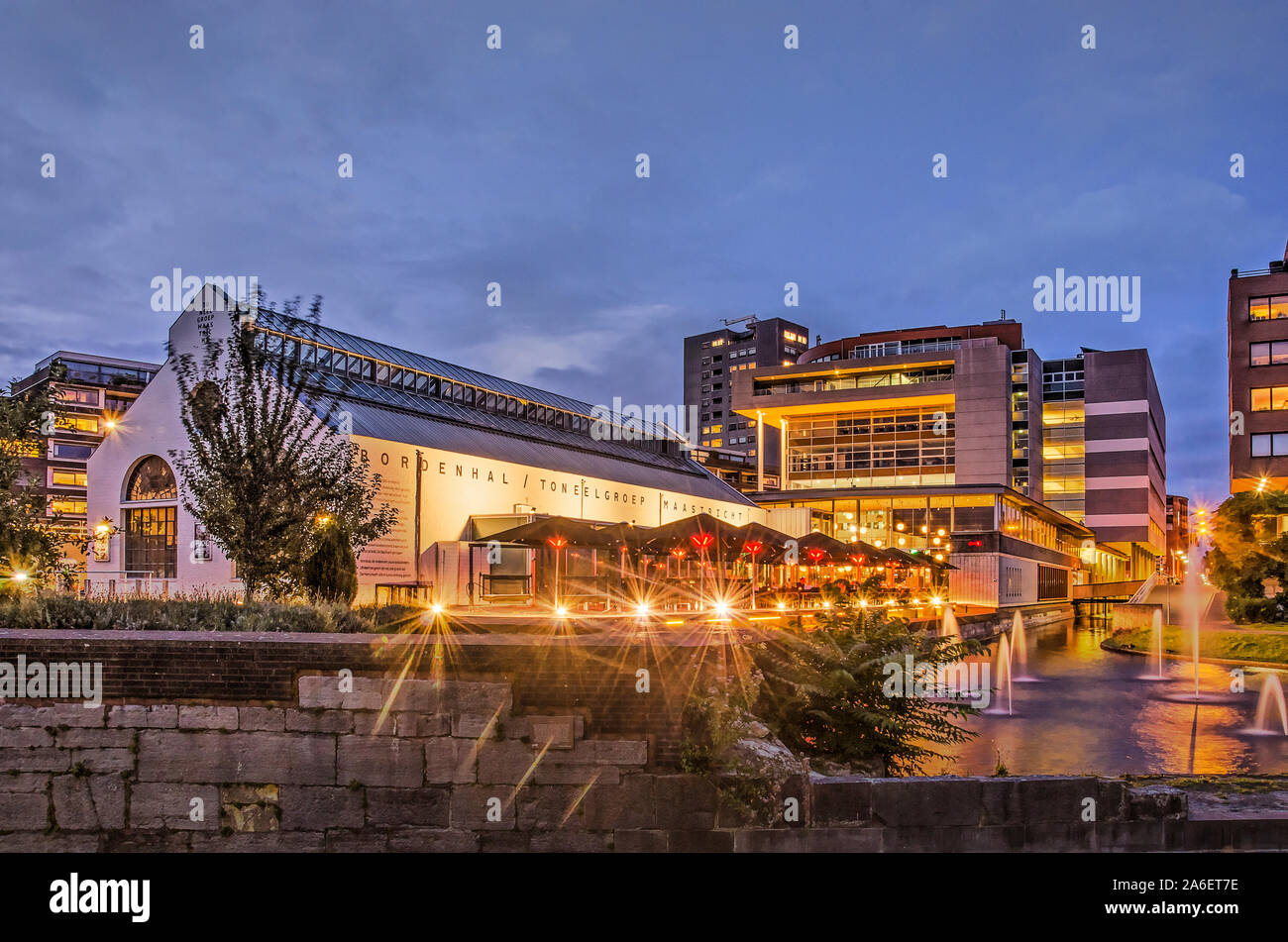 Maastricht, The Netherlands, september 7, 2019: blue hour view of the Bordenhal, a former crockery factory building now in use as a theatre and cafe Stock Photo