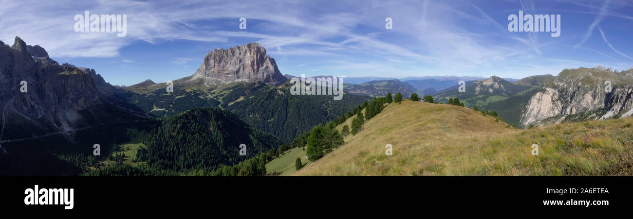 Passo Gardena and Sassolungo in the Italian Dolomites Stock Photo