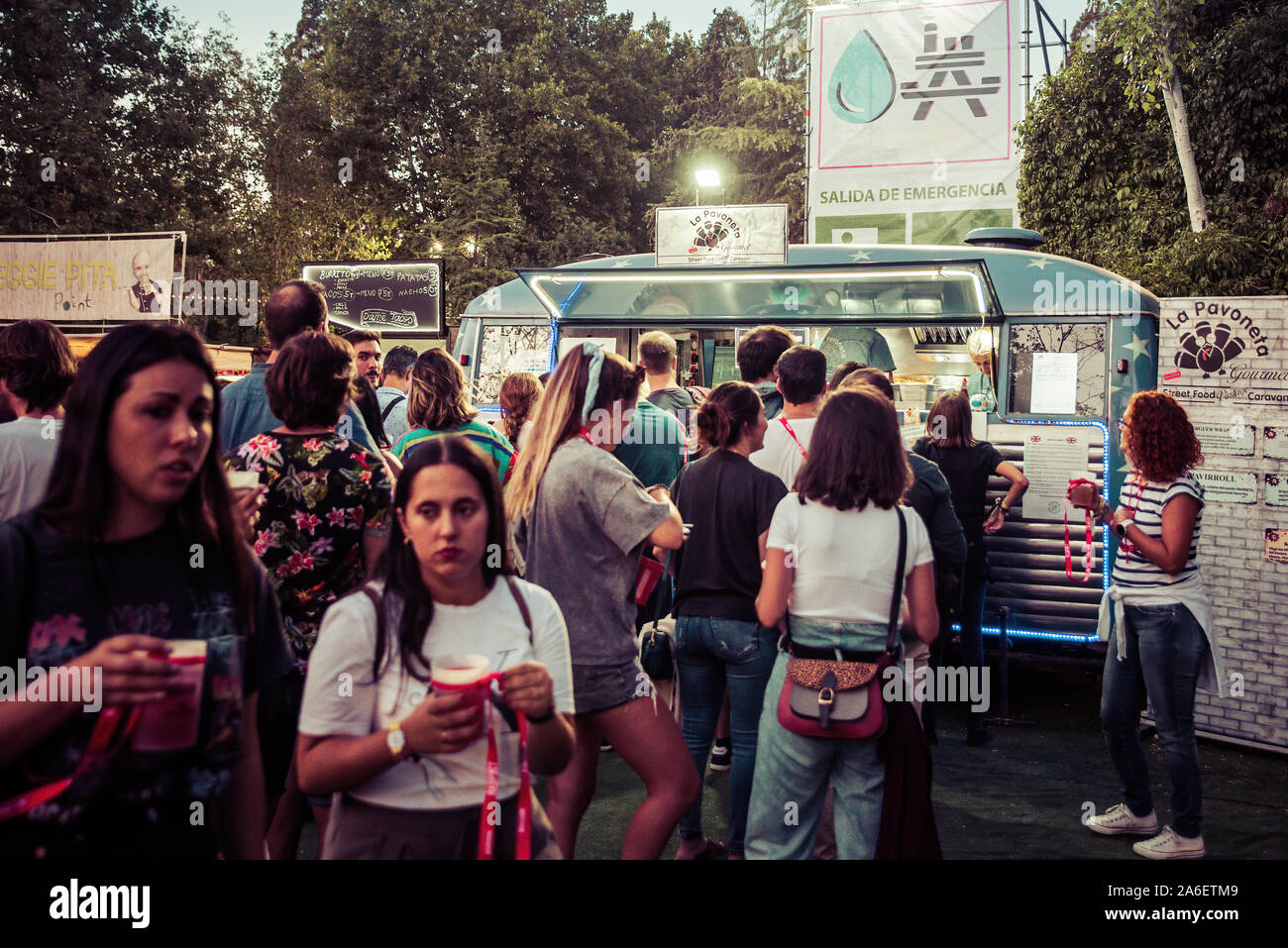 MADRID - SEP 7: People at the restaurant, charging point and brands zone at Dcode Music Festival on September 7, 2019 in Madrid, Spain. Stock Photo