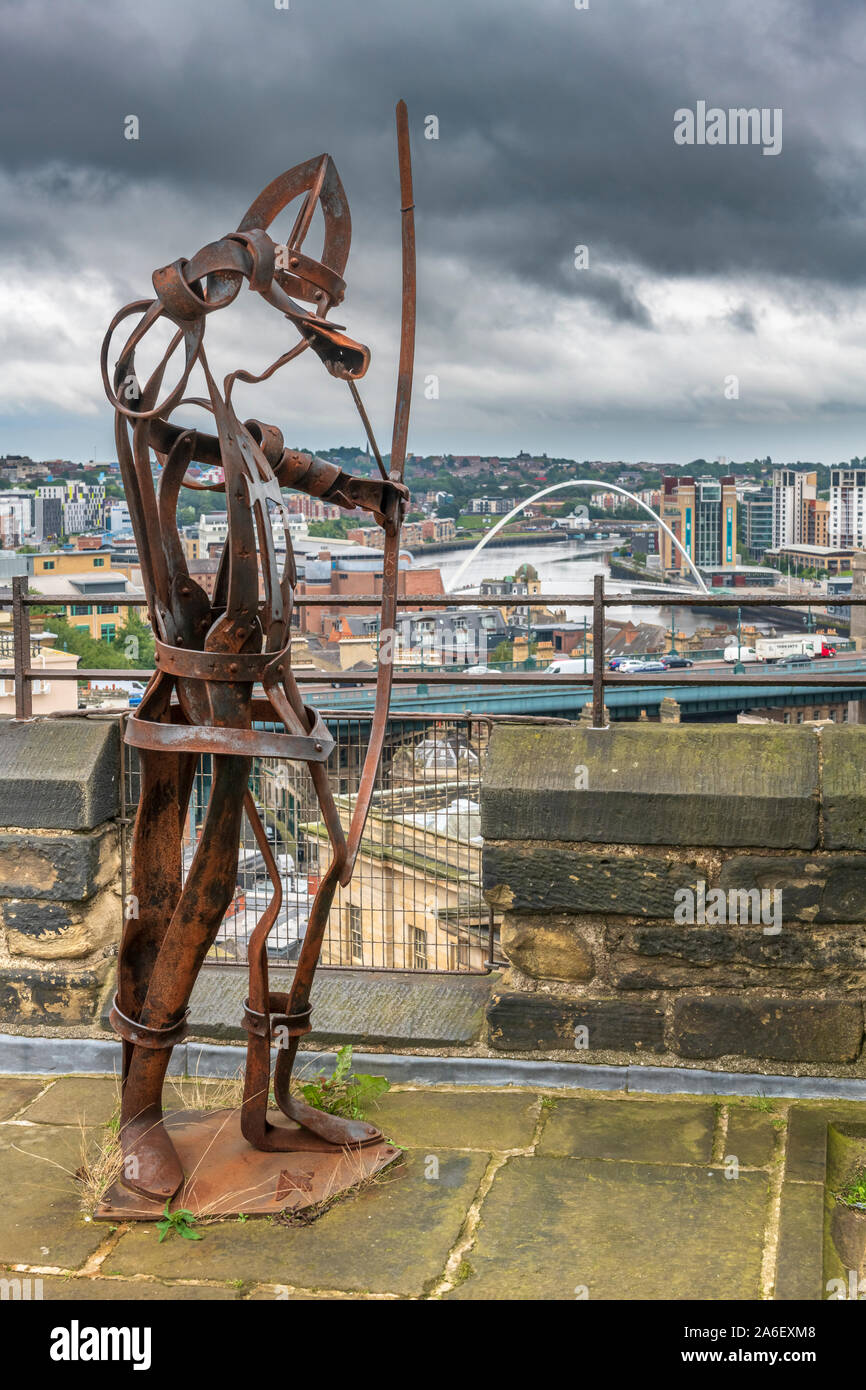 The Defender of the Keep Sculpture upon the roof of Newcastle Castle overlooking the River Tyne in Newcastle, England. Stock Photo