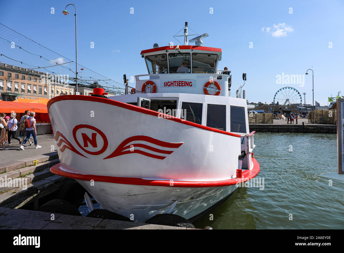 M/S Natalia sightseeing boat moored in Kolera-allas next to Helsinki Market Square in Helsinki, Finland Stock Photo