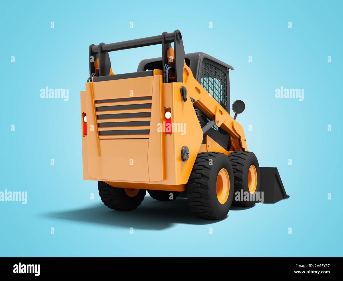 Modern orange mini loader on the back with black 3d rider on blue background with shadow Stock Photo