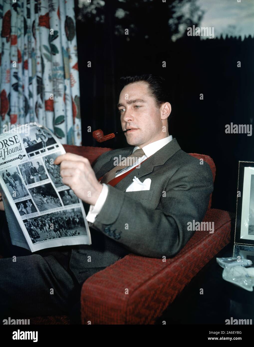 RICHARD TODD 1956 Colour Portrait at home reading Horse and Hound Magazine Publicity for D-DAY THE SIXTH OF JUNE Twentieth Century Fox Stock Photo