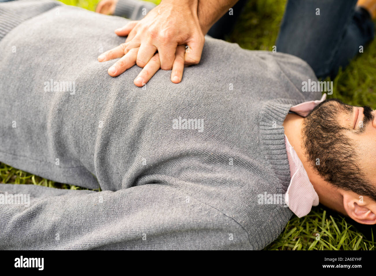 First Aid Emergency CPR rcp on Heart Attack Man , Resuscitation cardiopulmonary Stock Photo