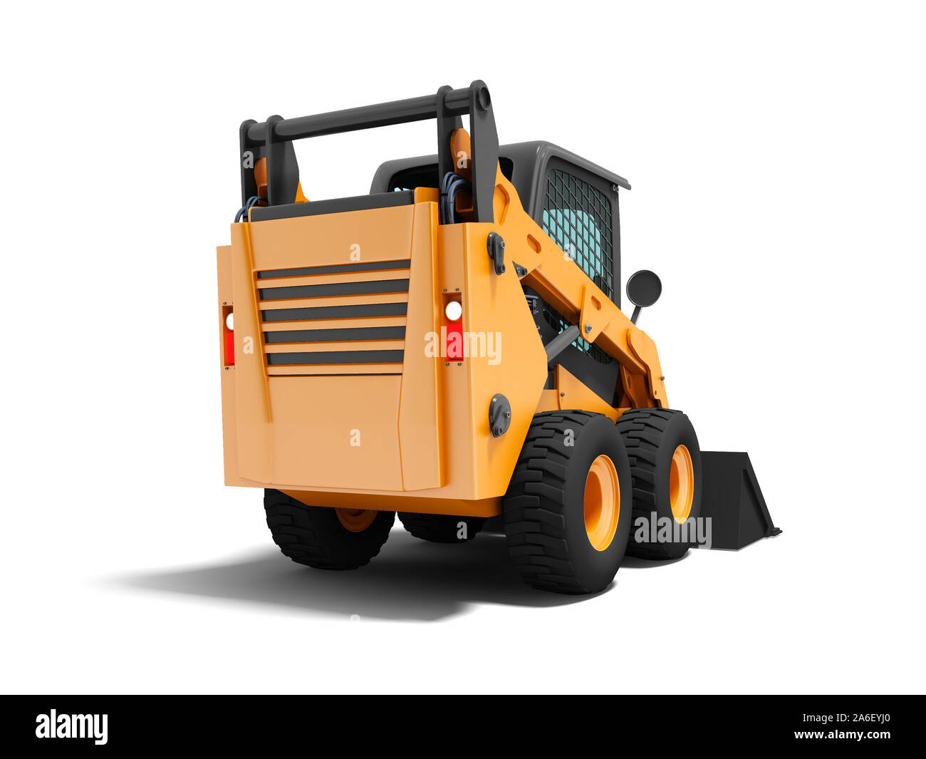 Modern orange mini loader on the back with black 3d rider on white background with shadow Stock Photo