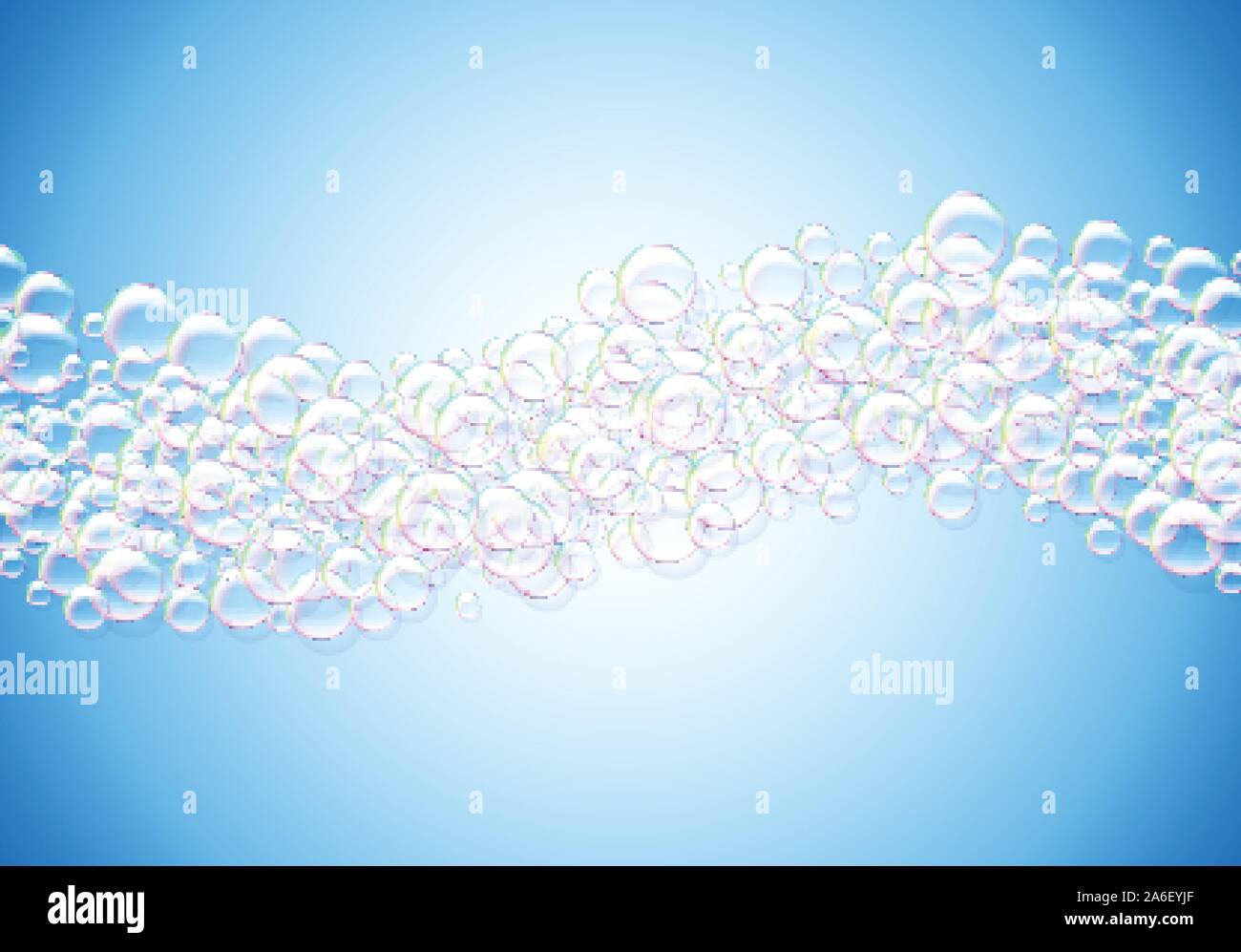 Soap bubbles abstract blue background with rainbow colored airy foam ...
