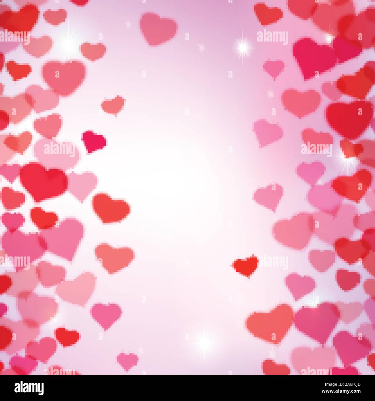 Valentines Day background with scattered blurred tender hearts Stock Vector