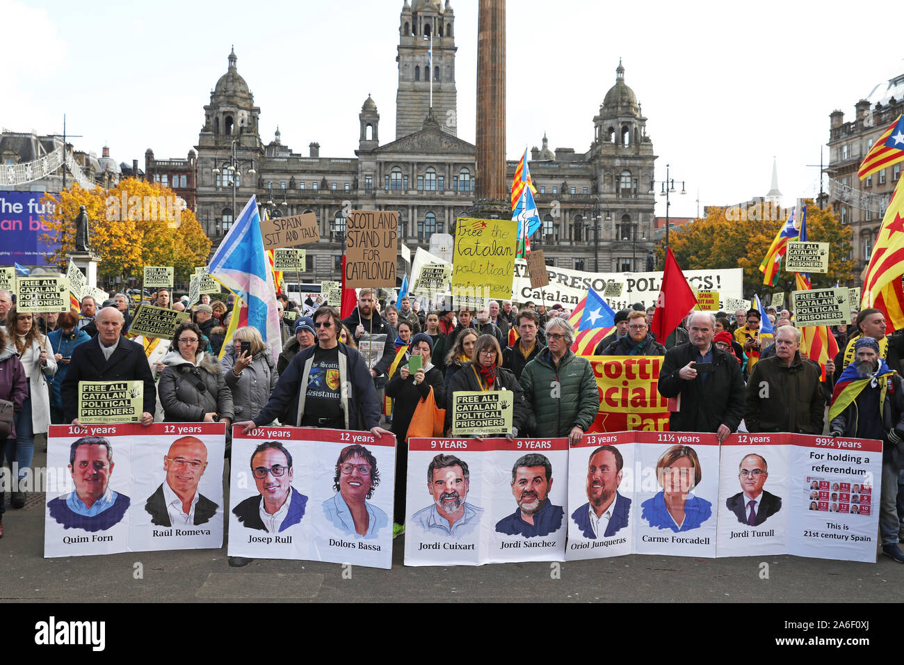 Protestors in support of Catalan political prisoners demonstrate in Glasgow, Scotland, after leading supporters of the independence were jailed in Spain. Stock Photo