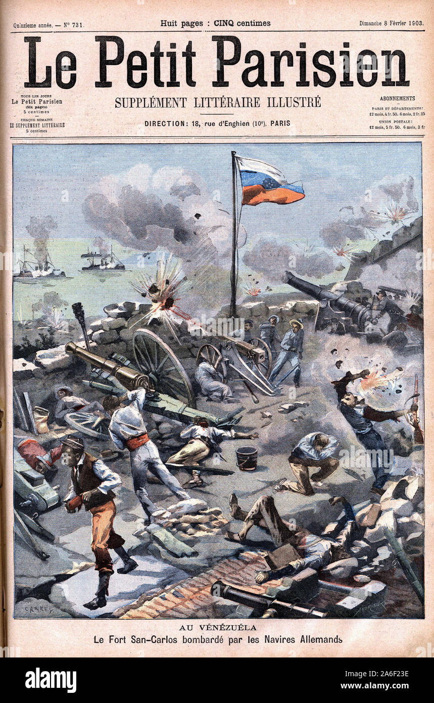 German warships bombarding Fort San Carlos, in Venezuela. Frontpage of French newspaper Le Petit Parisien. February 9, 1903 - Le Fort San Carlos au Ve Stock Photo