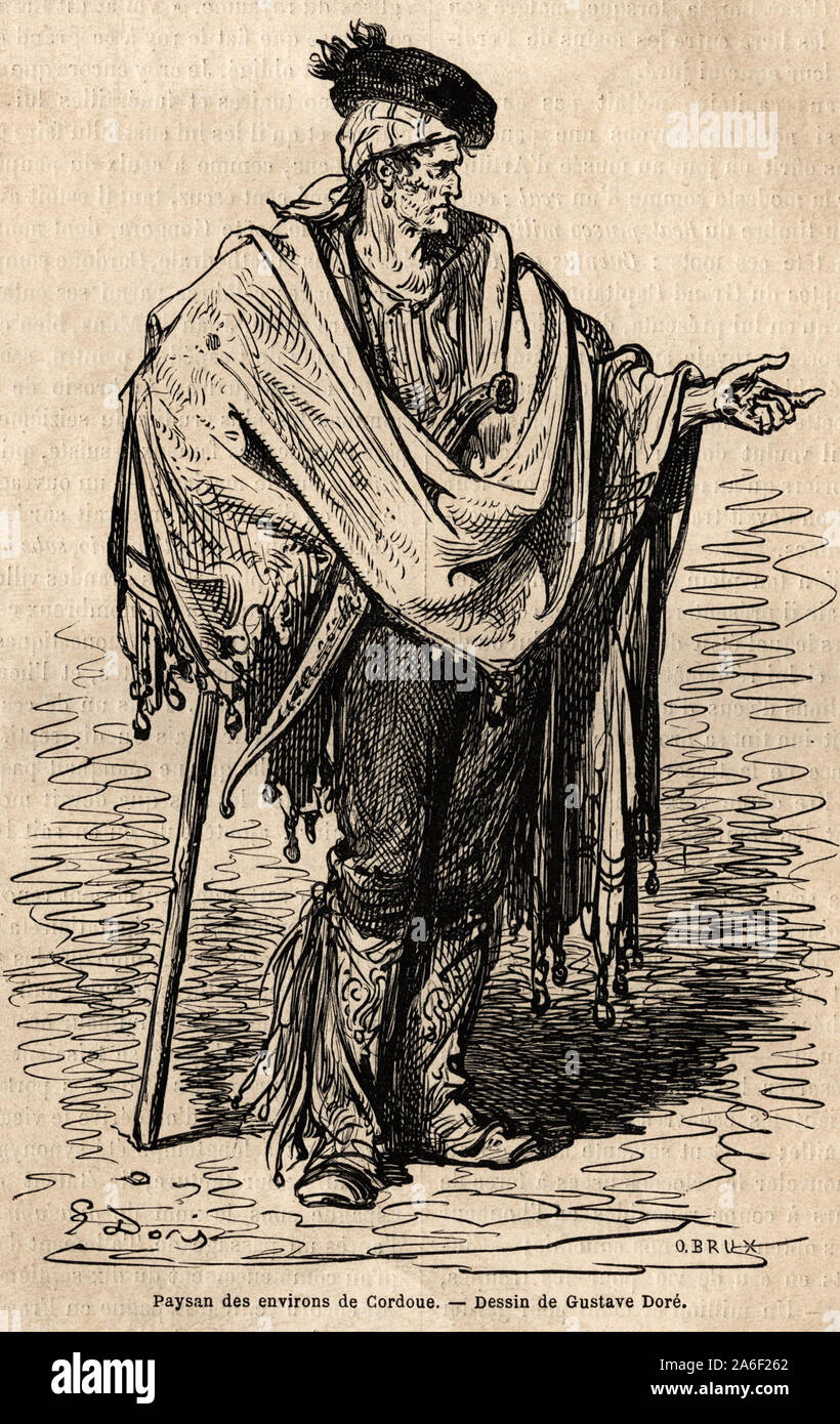Un paysan de la region de Cordoue. Croquis pris sur le vif par Gustave Dore ( 1832-1883). Gravure pour illustrer le voyage en Espagne, en 1862 de Char Stock Photo