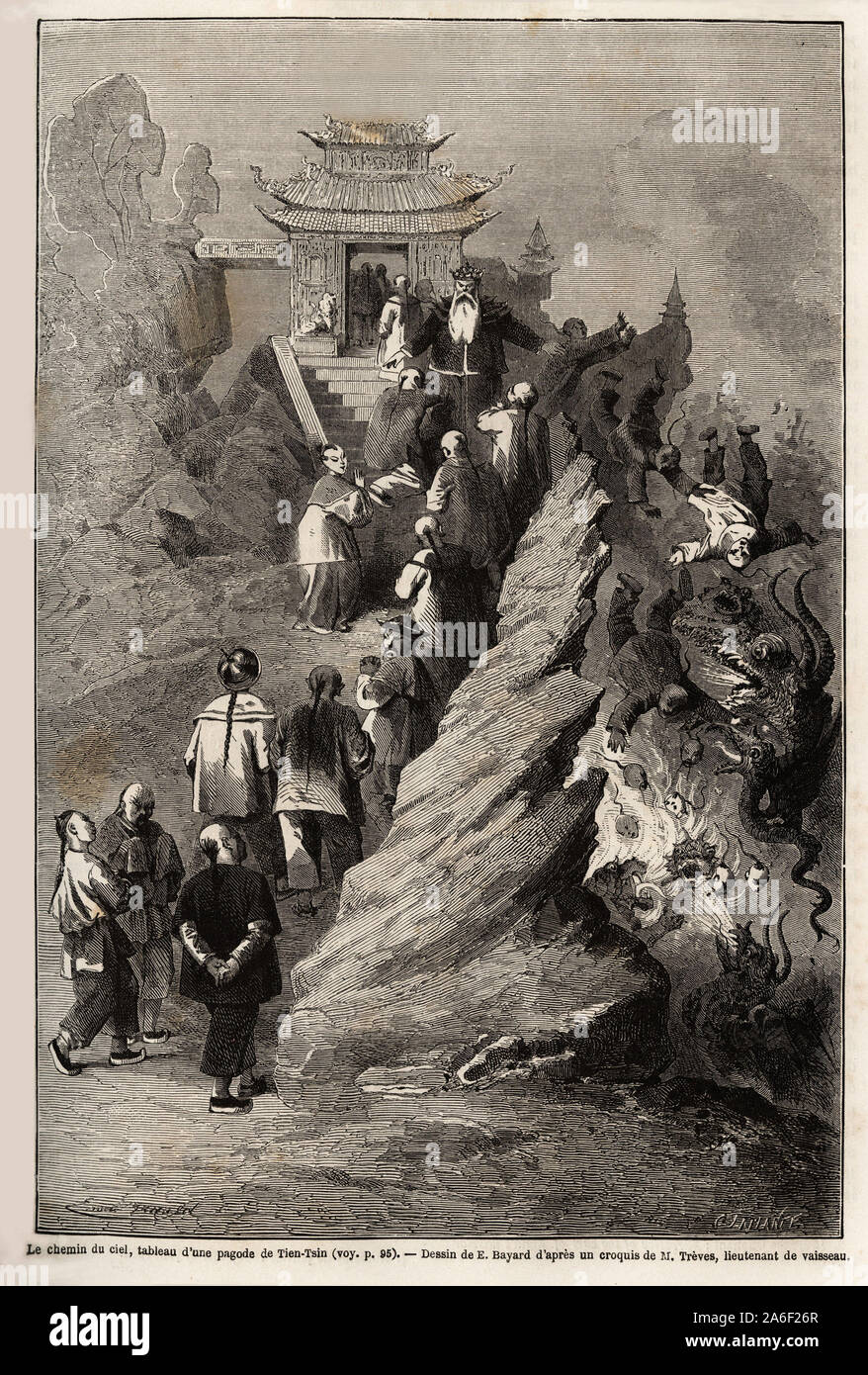 Le chemin du ciel, dessin de E.Bayard, d'apres un tableau d'une pagode a Tien Tsin, illustrant le voyage de Shanghai a Moscou, de 1859 a 1862, de M.de Stock Photo