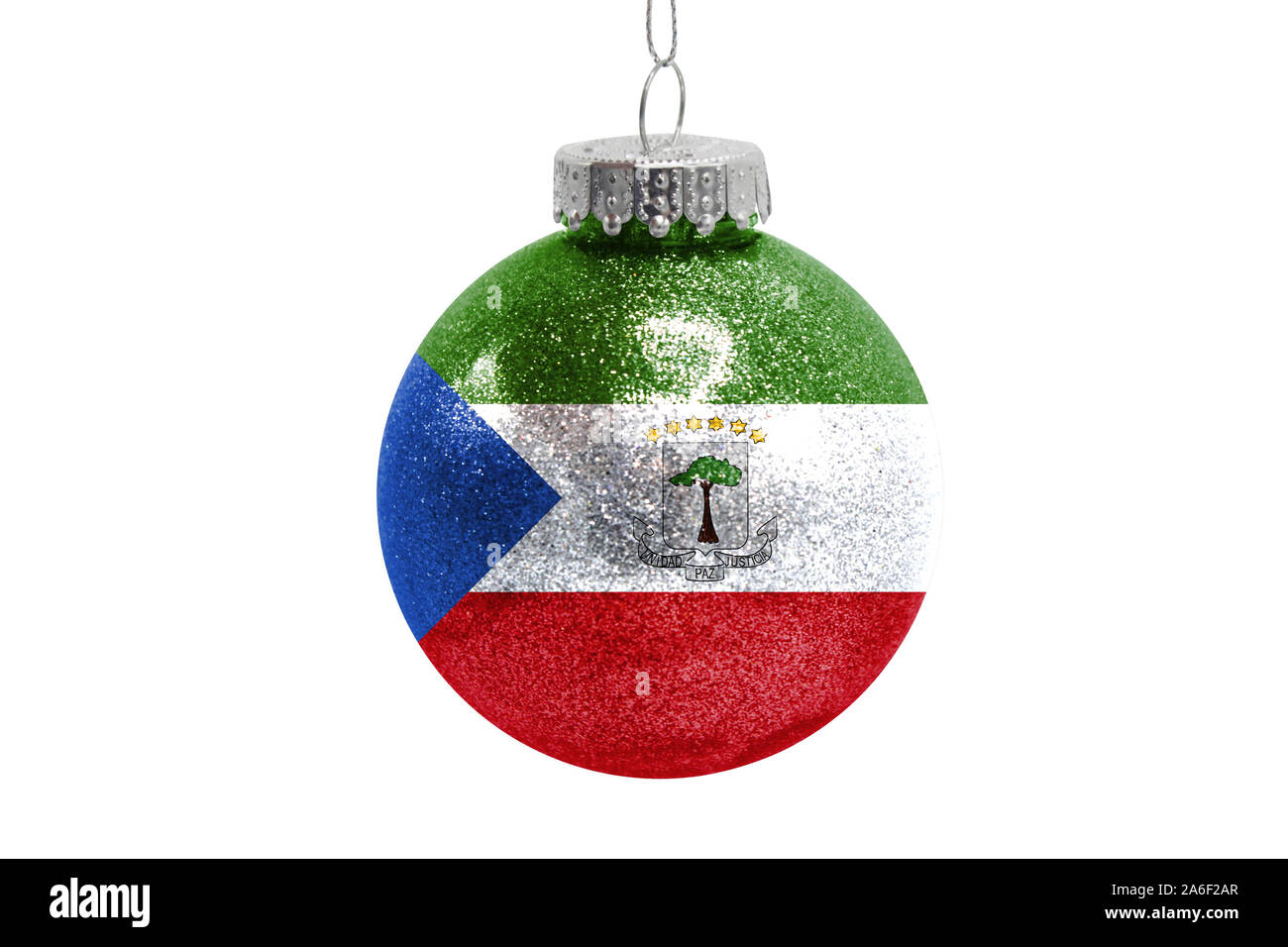 Glass Christmas ball toy isolated on white background with the flag of Equatorial Guinea Stock Photo