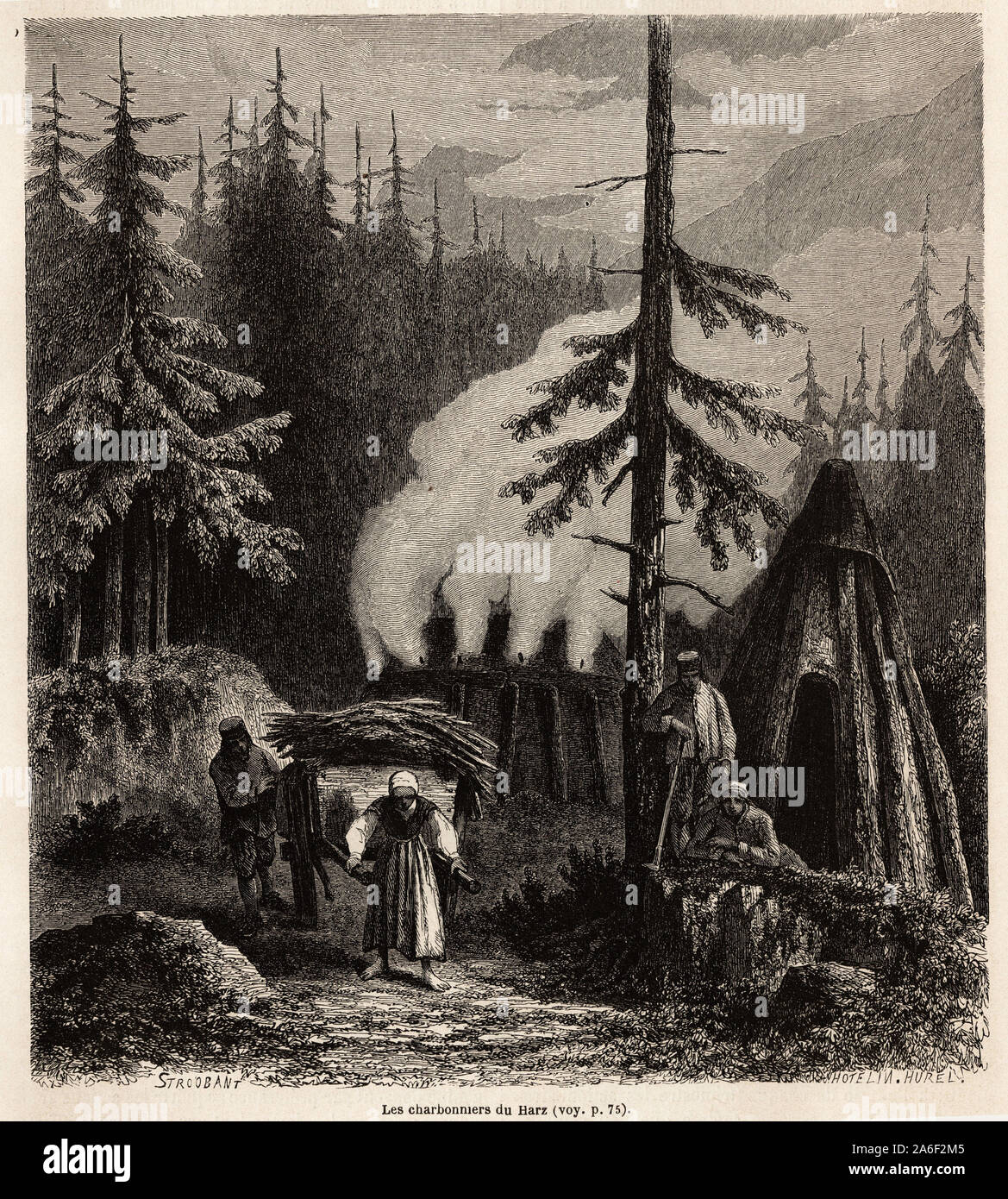 Les charbonniers du Harz, massif forestier allemand, dessin de Stroobant, pour illustrer une visite dans les mines du Harz, en 1862, par Adolphe Carno Stock Photo