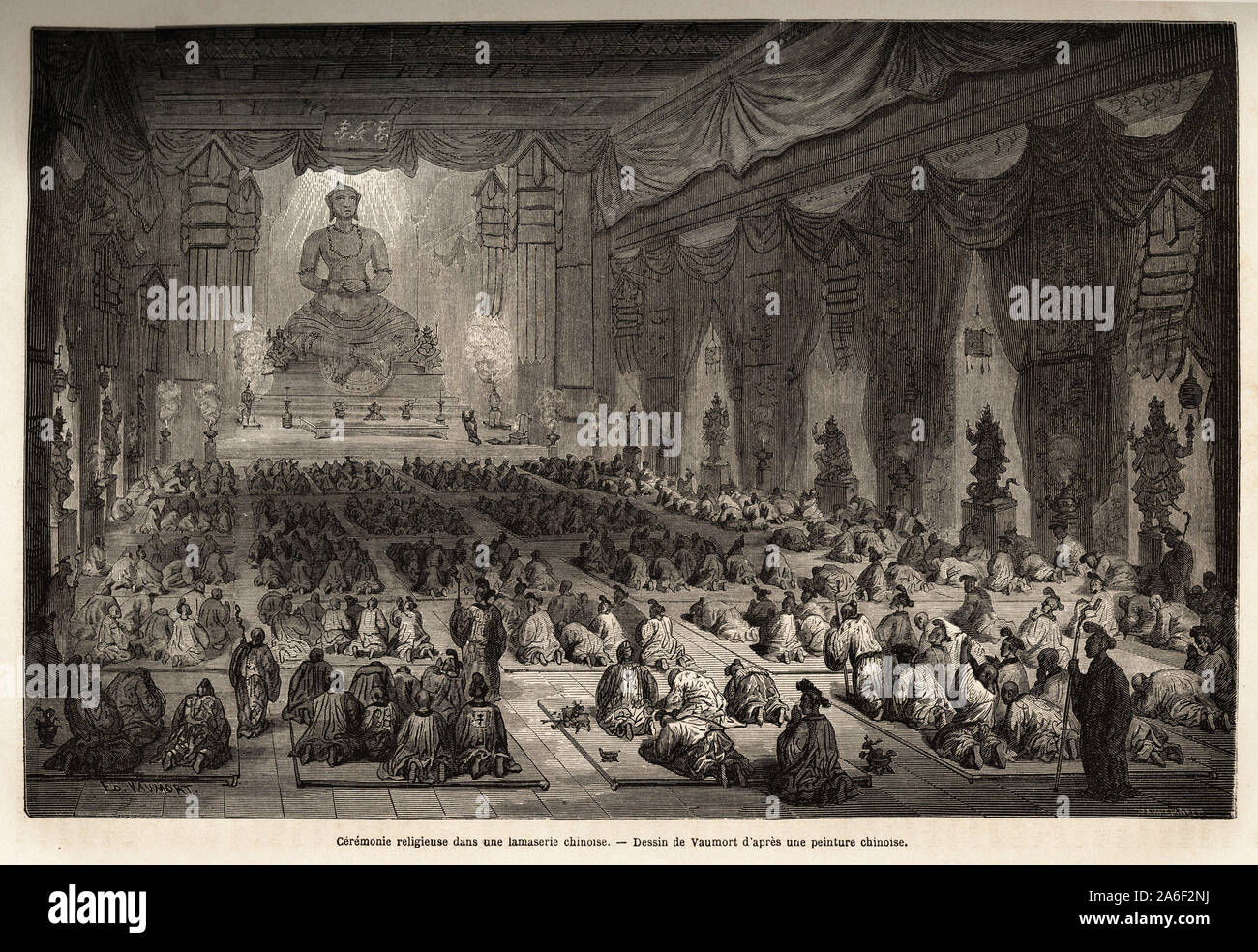 Ceremonie religieuse dans une lamasserie chinoise, dessin de Vaumort ( ?-1886), pour illustrer le voyage de Shangai a Moscou, de 1859 a 1862, de M. de Stock Photo