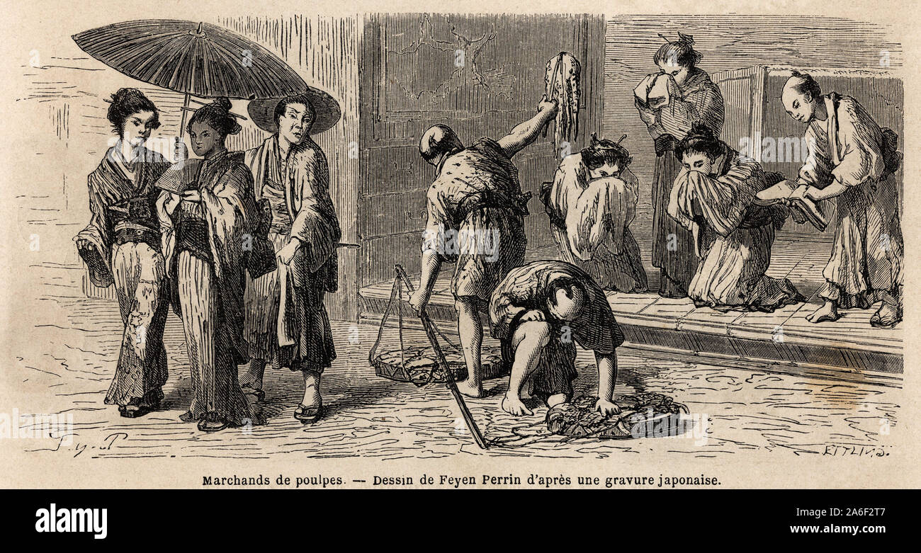 Un marchand ambulant de poulpes propose ses articles a des passants, dans la rue de Edo ( ou Yedo, actuelle Tokyo). Gravure pour illustrer le voyage a Stock Photo