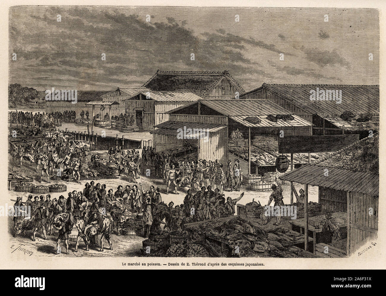 Vue generale du marche aux poissons, avec le port d'ou sont debarquees les marchandises, les baraques et les etals de presentation des produits,et l'e Stock Photo